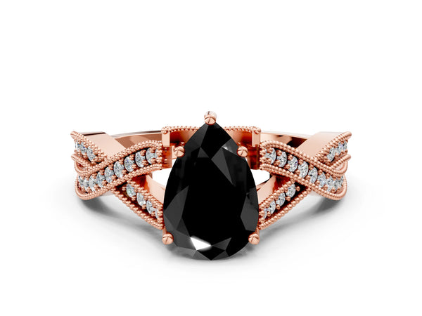 Rose Gold Pear-Shaped Graduated Pave Twist Engagement Ring Setting for Black Center