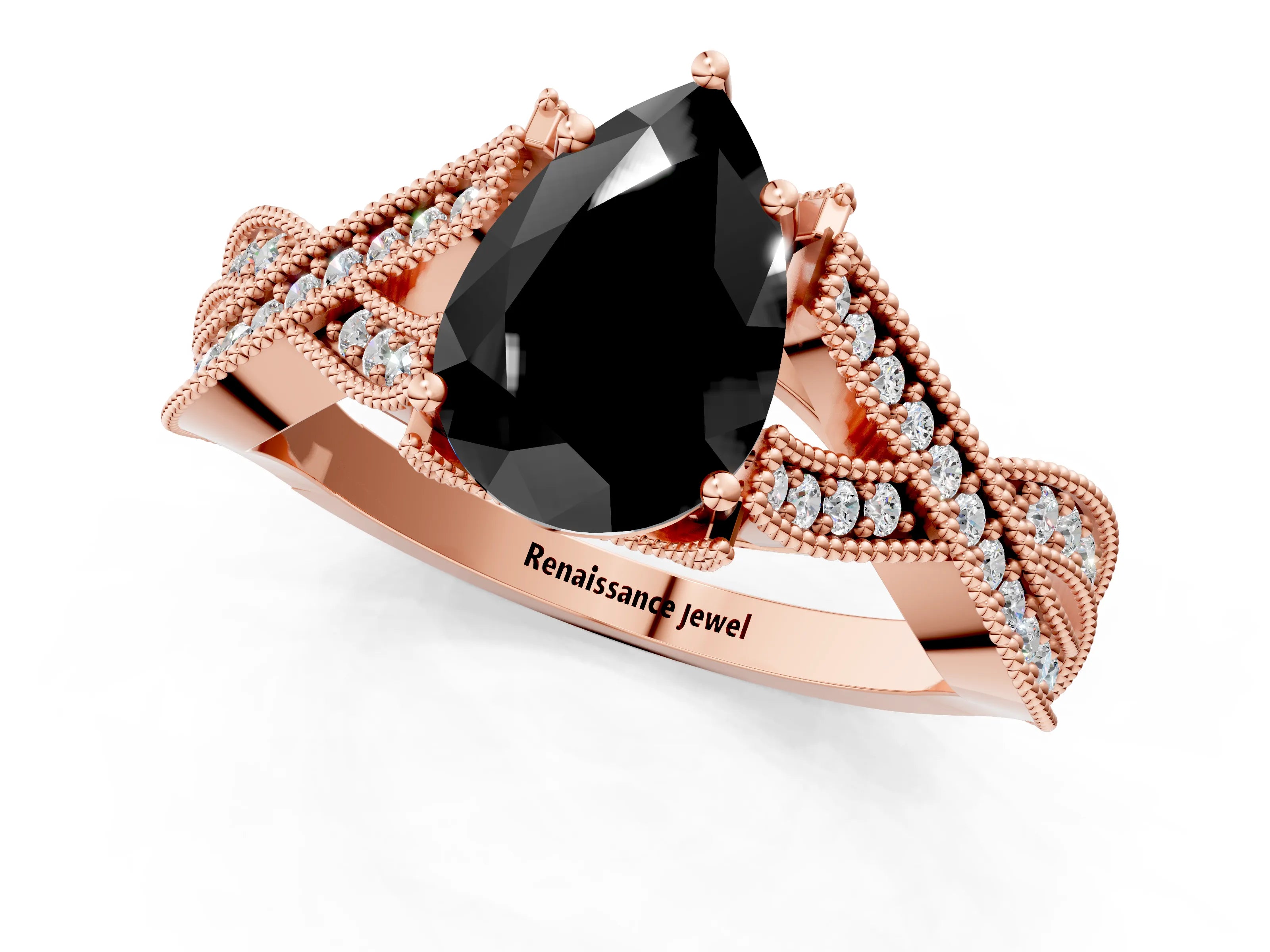 Rose gold Fancy Black Pear Cut Cut Diamond Twisted Band with Milgrain Pave Setting and Four-Prong Setting_1