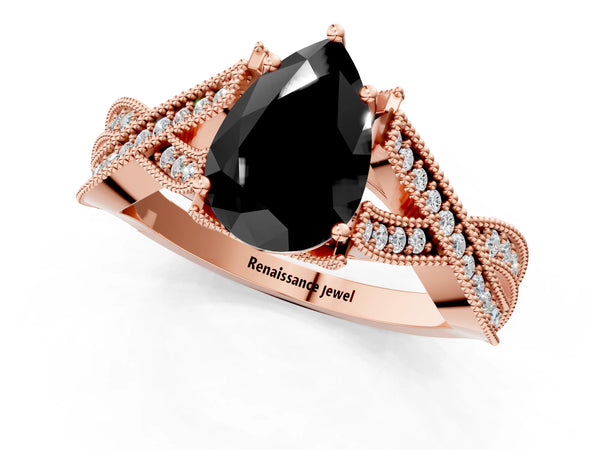 Rose Gold Pear-Shaped Graduated Pave Twist Engagement Ring Setting for Black Center
