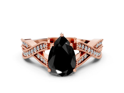 Rose gold Fancy Black Pear Cut Cut Diamond Twisted Band with Milgrain Pave Setting and Four-Prong Setting