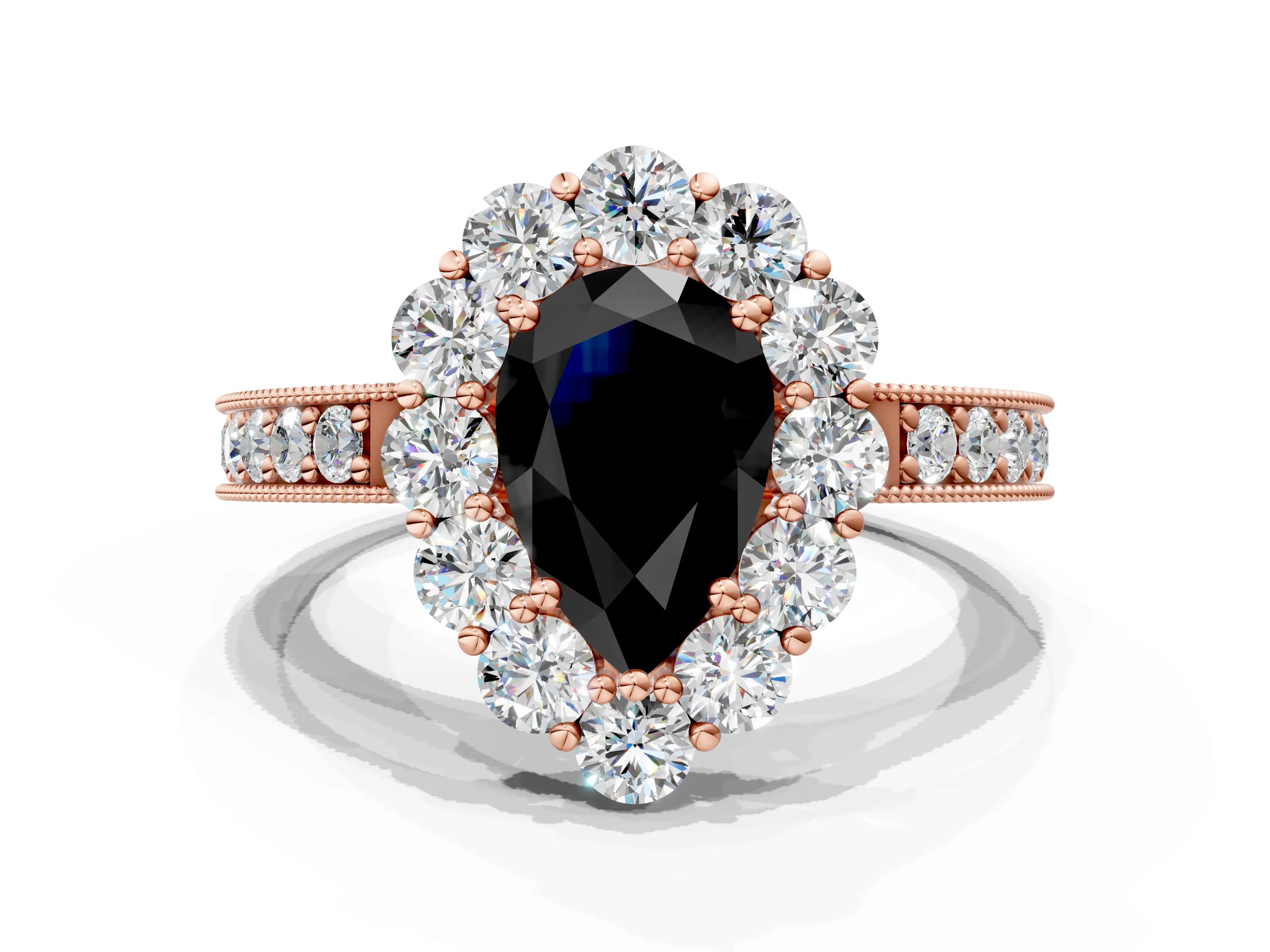 Rose gold Fancy Black Pear Cut Cut Halo Diamond Pavé Engagement Ring with Milgrain Detailing_12