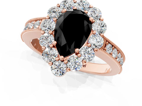Rose gold Fancy Black Pear Cut Cut Halo Diamond Pavé Engagement Ring with Milgrain Detailing_13