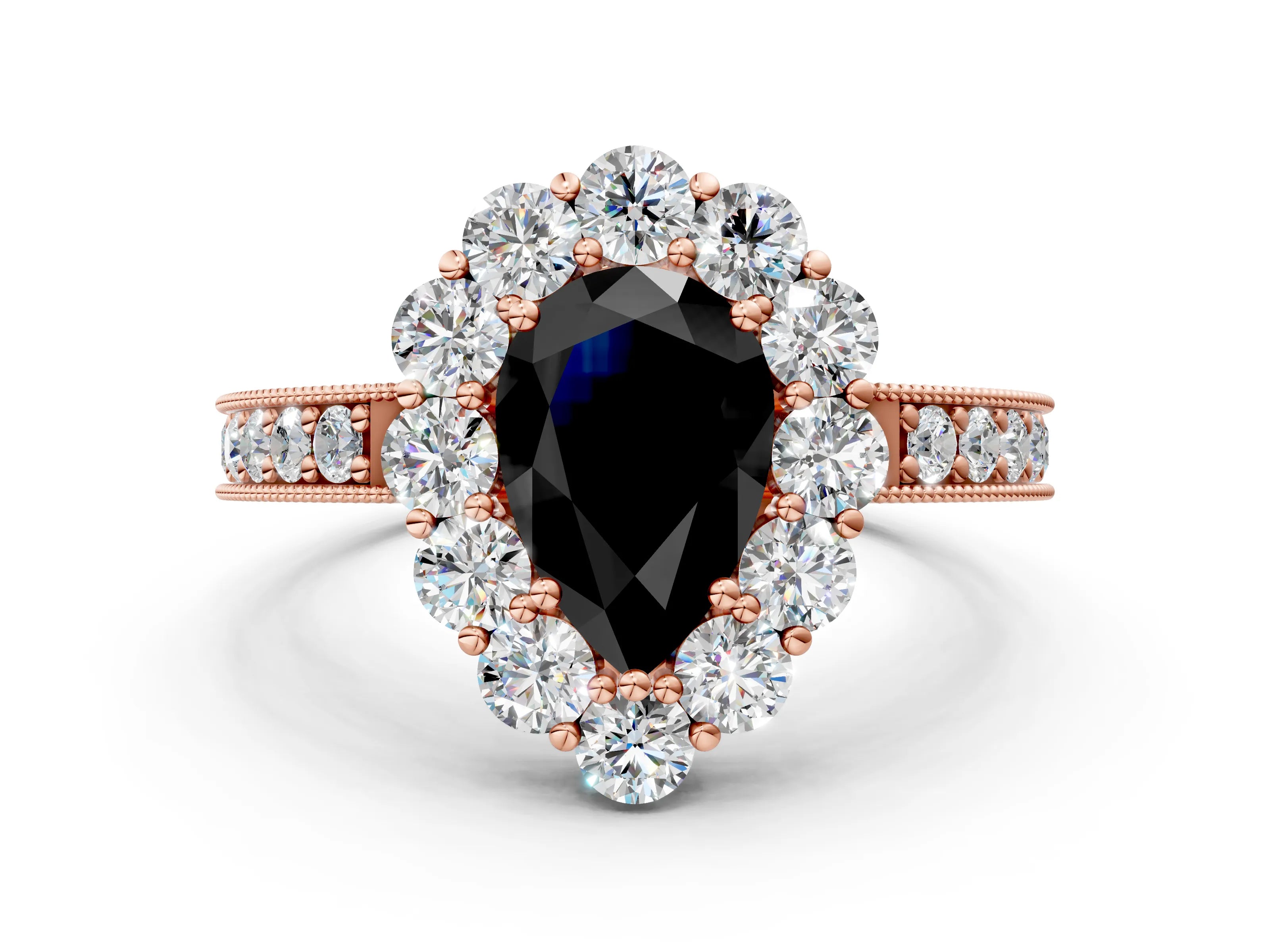 Rose gold Fancy Black Pear Cut Cut Halo Diamond Pavé Engagement Ring with Milgrain Detailing_24
