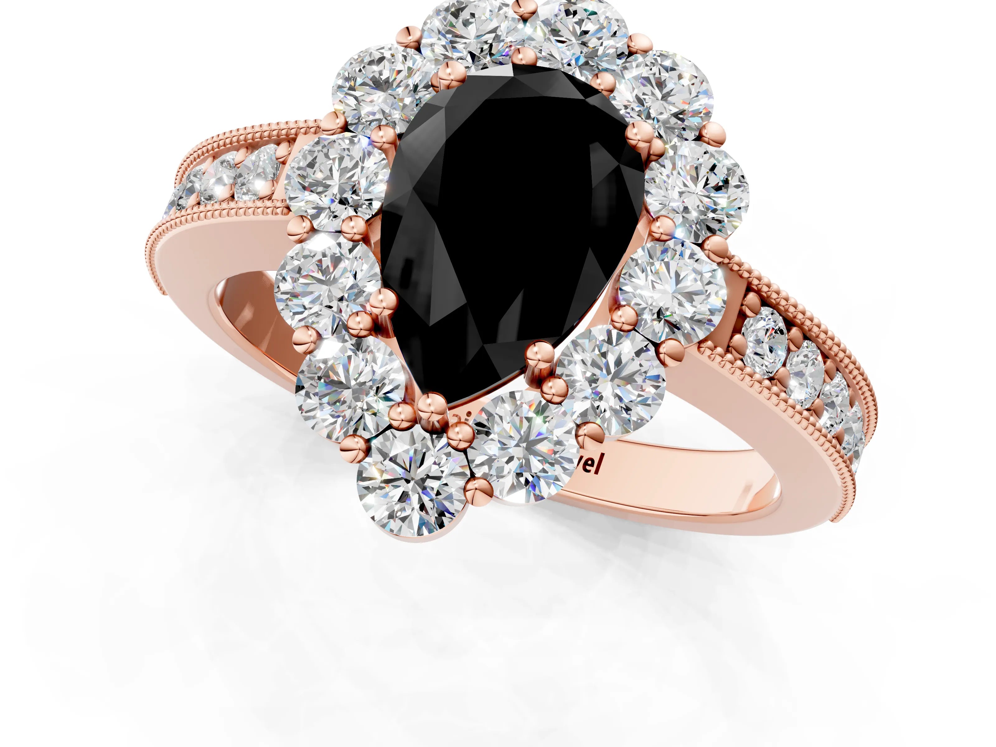 Rose gold Fancy Black Pear Cut Cut Halo Diamond Pavé Engagement Ring with Milgrain Detailing_25