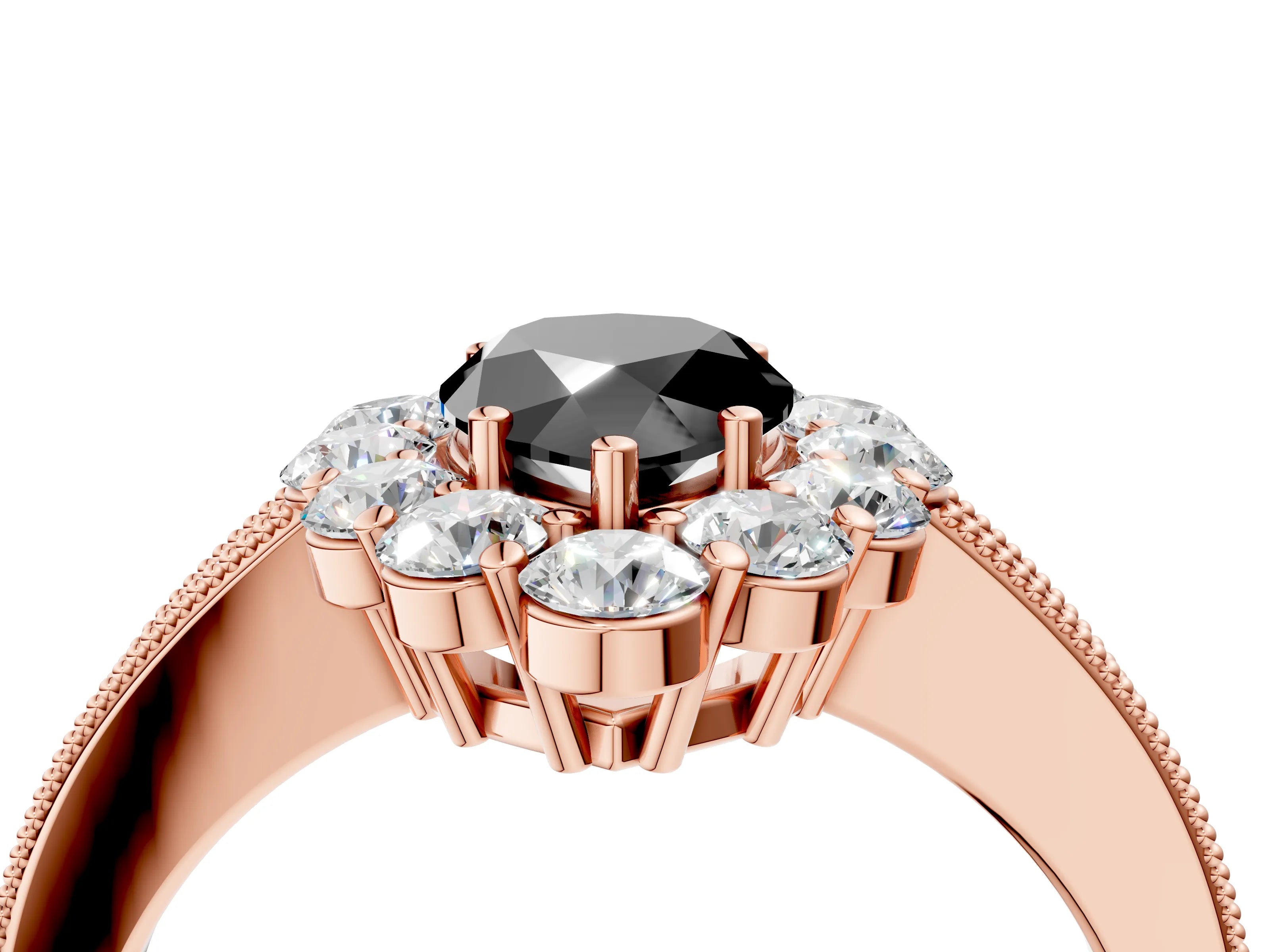 Rose gold Fancy Black Pear Cut Cut Halo Diamond Pavé Engagement Ring with Milgrain Detailing_28