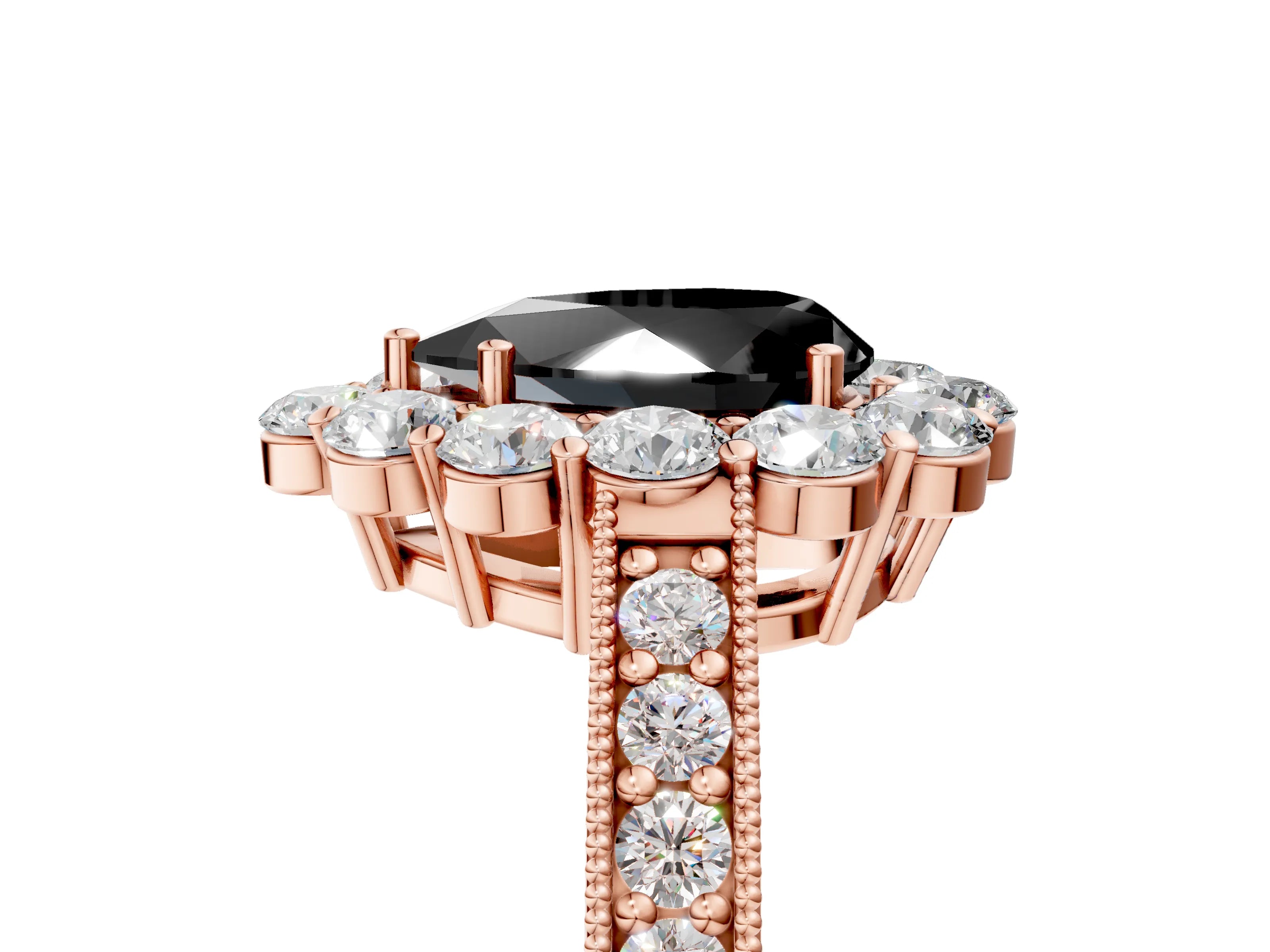 Rose gold Fancy Black Pear Cut Cut Halo Diamond Pavé Engagement Ring with Milgrain Detailing_29