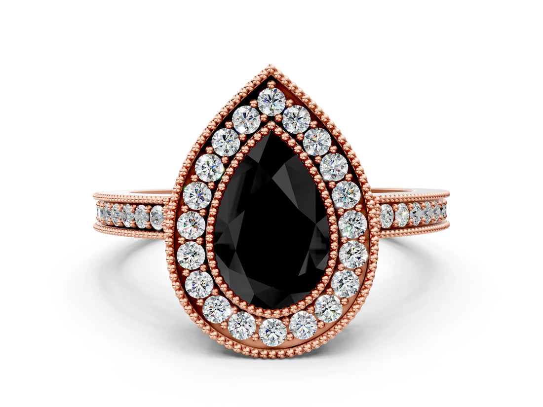 Rose gold Fancy Black Pear Cut Cut Halo Pavé Diamond Ring