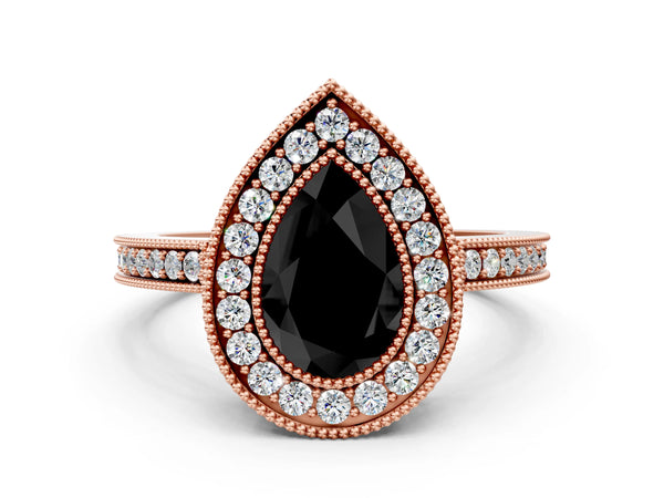 Rose Gold Pear-Shaped Double Milgrain Halo Engagement Ring Setting for Black Center