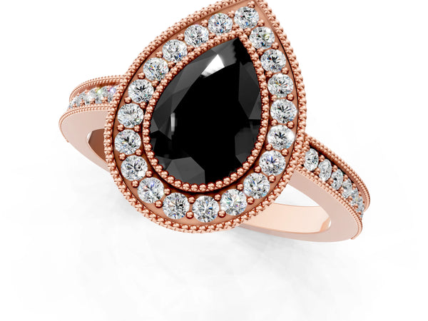 Rose Gold Pear-Shaped Double Milgrain Halo Engagement Ring Setting for Black Center