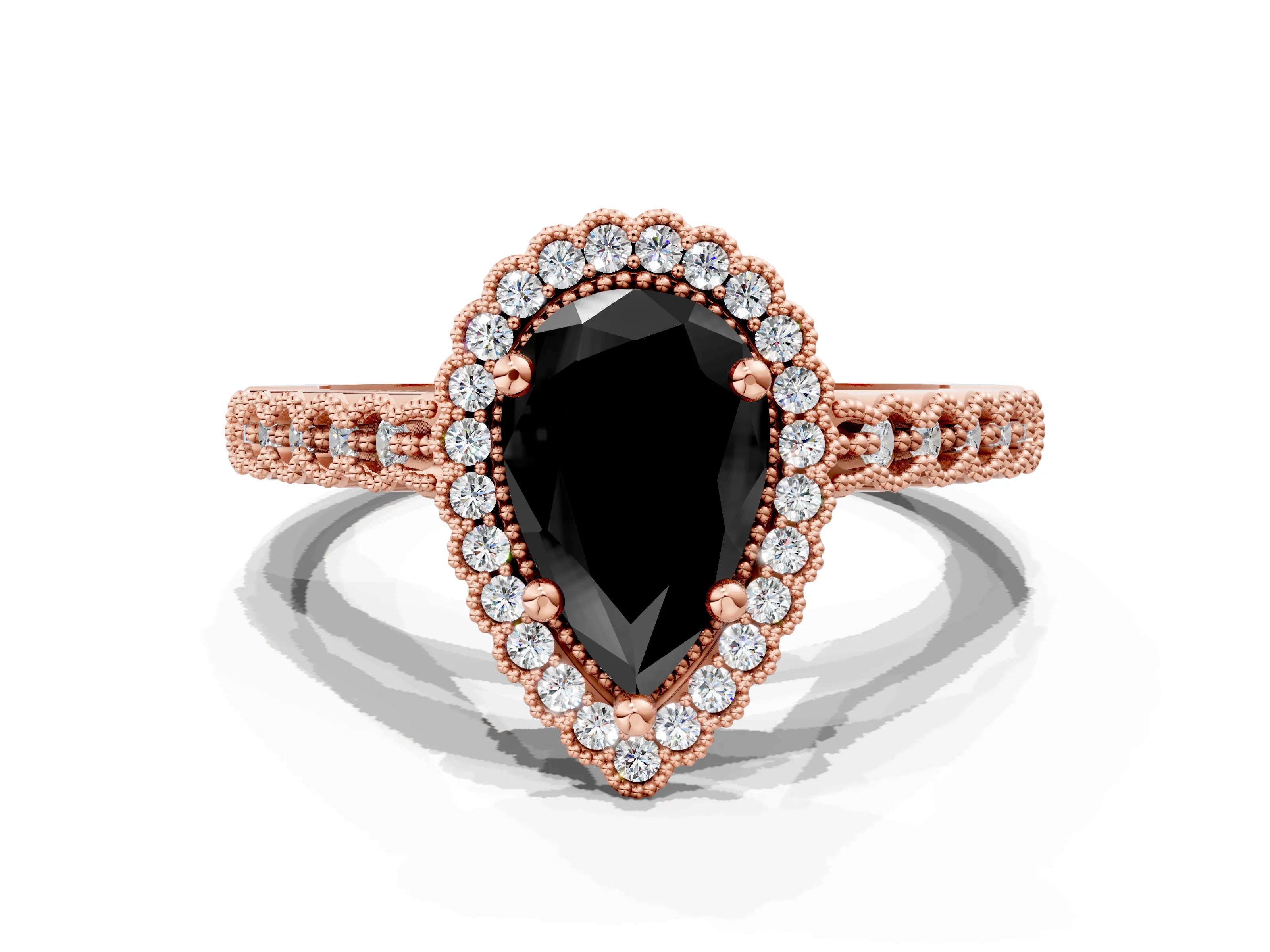 Rose gold Fancy Black Pear Cut Cut Halo Pavé Solitaire Ring with Milgrain Band