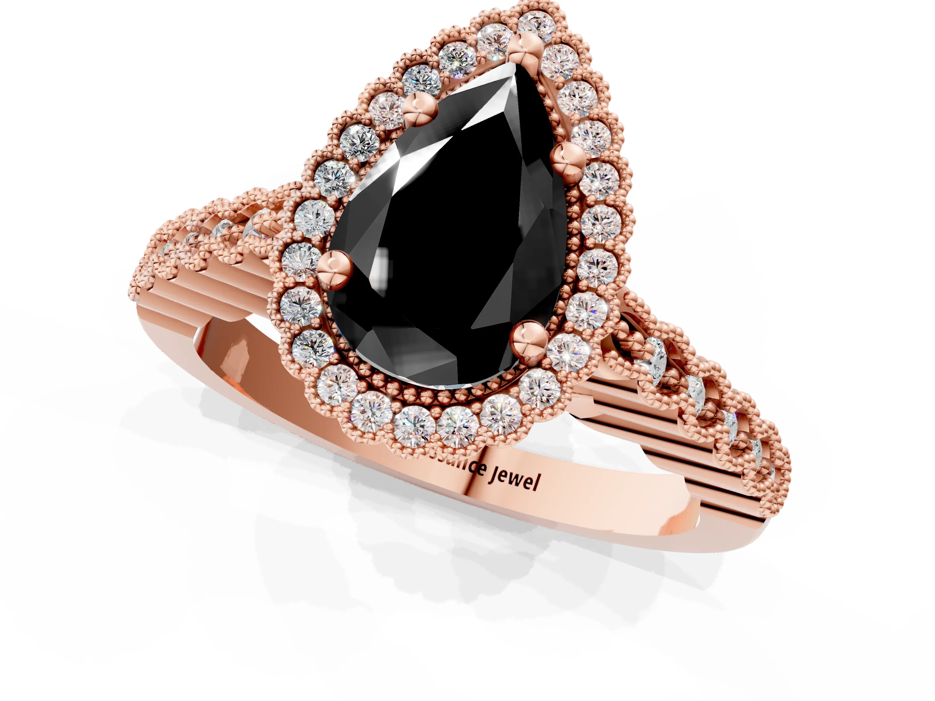 Rose gold Fancy Black Pear Cut Cut Halo Pavé Solitaire Ring with Milgrain Band_1