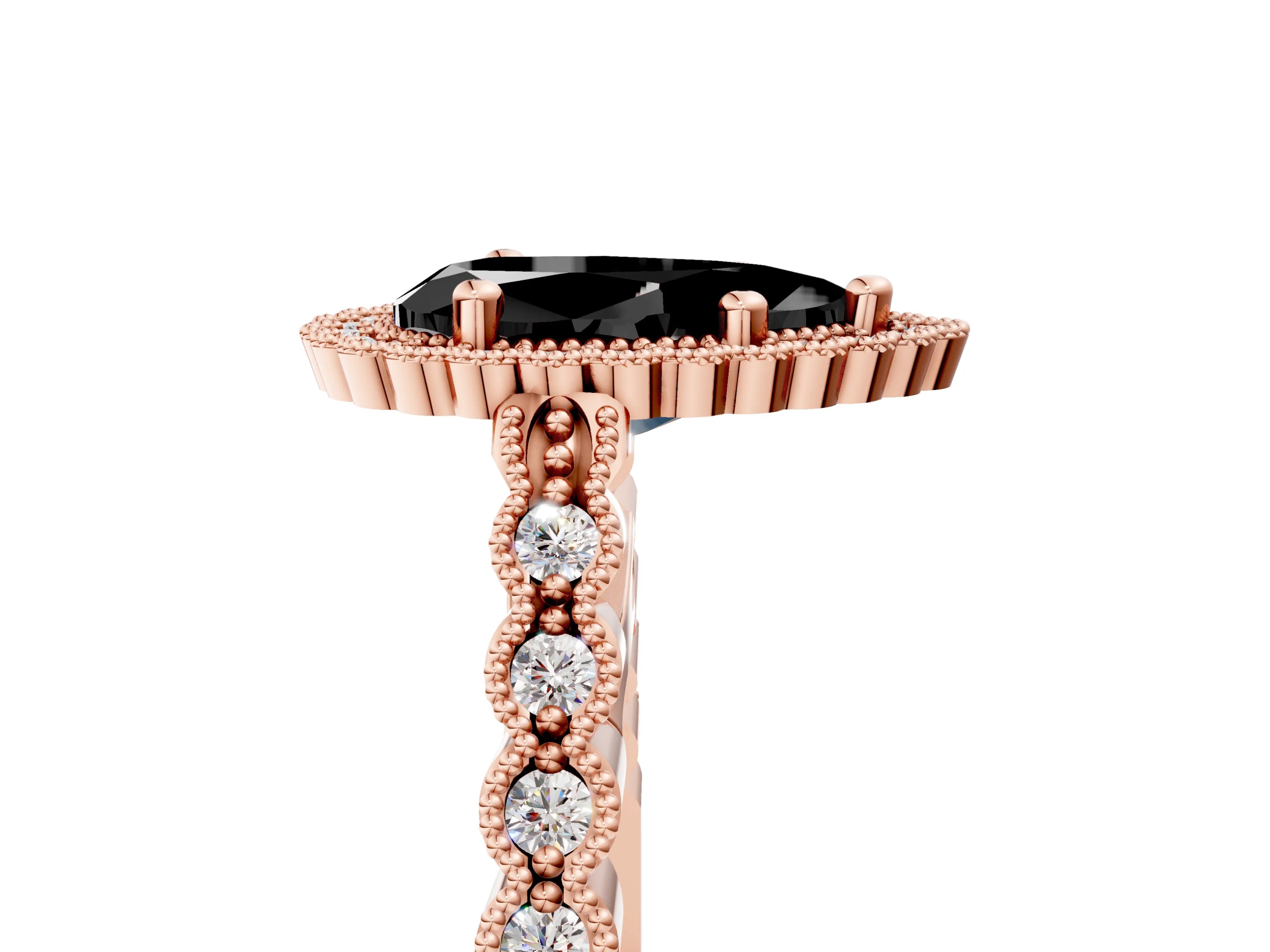 Rose gold Fancy Black Pear Cut Cut Halo Pavé Solitaire Ring with Milgrain Band_5