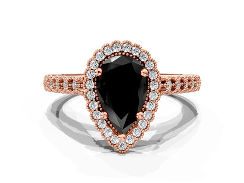 Rose gold Fancy Black Pear Cut Cut Halo Pavé Solitaire Ring with Milgrain Band