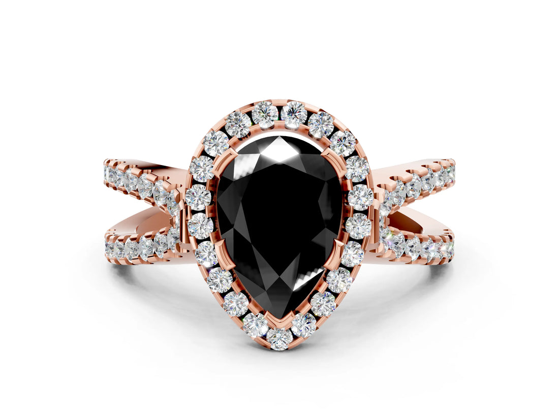 Rose gold Fancy Black Pear Cut Cut Halo Split Shank Pave Set Ring