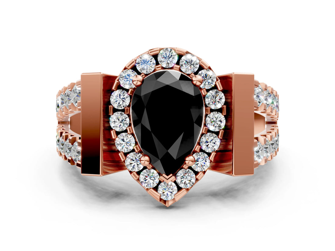 Rose gold Fancy Black Pear Cut Cut Halo Split Shank Prong Set Ring