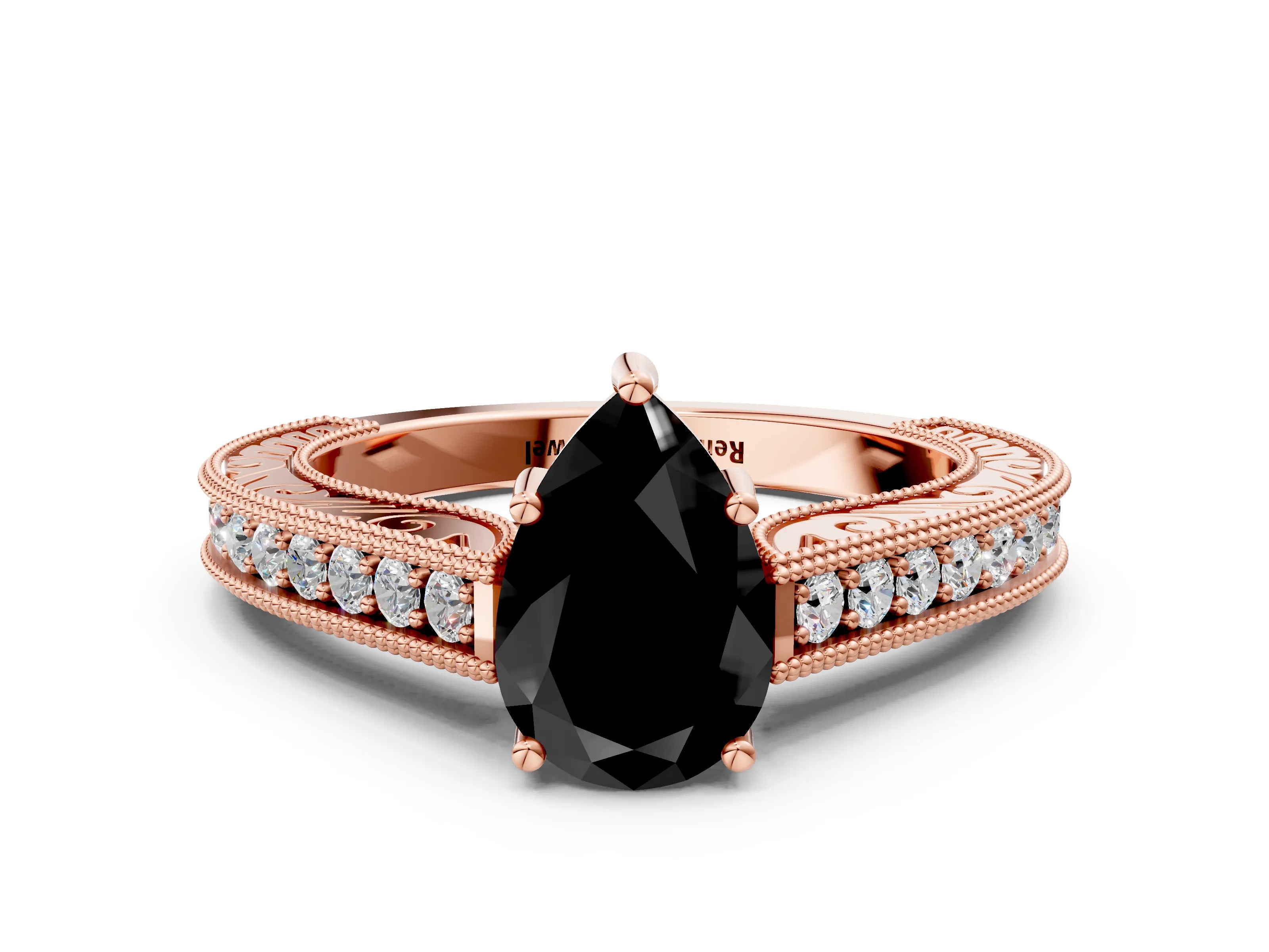 Rose gold Fancy Black Pear Cut Cut Pave Band Milgrain Solitaire Ring