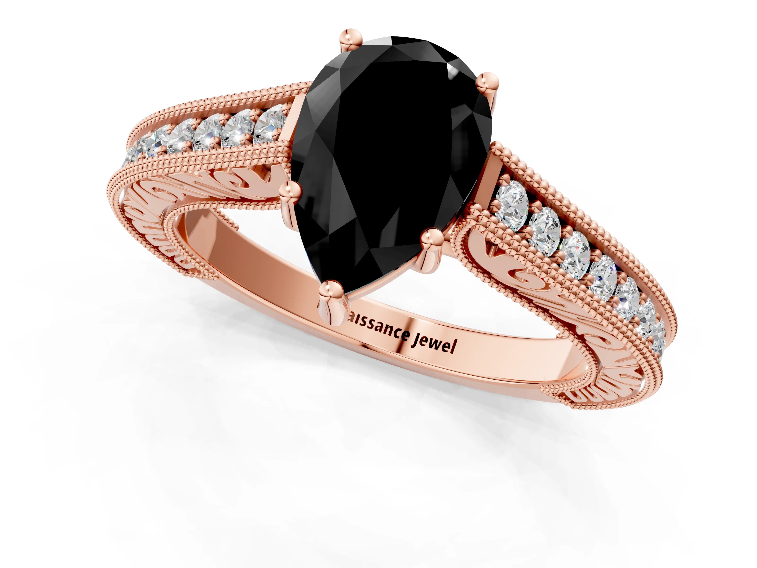Rose gold Fancy Black Pear Cut Cut Pave Band Milgrain Solitaire Ring_1