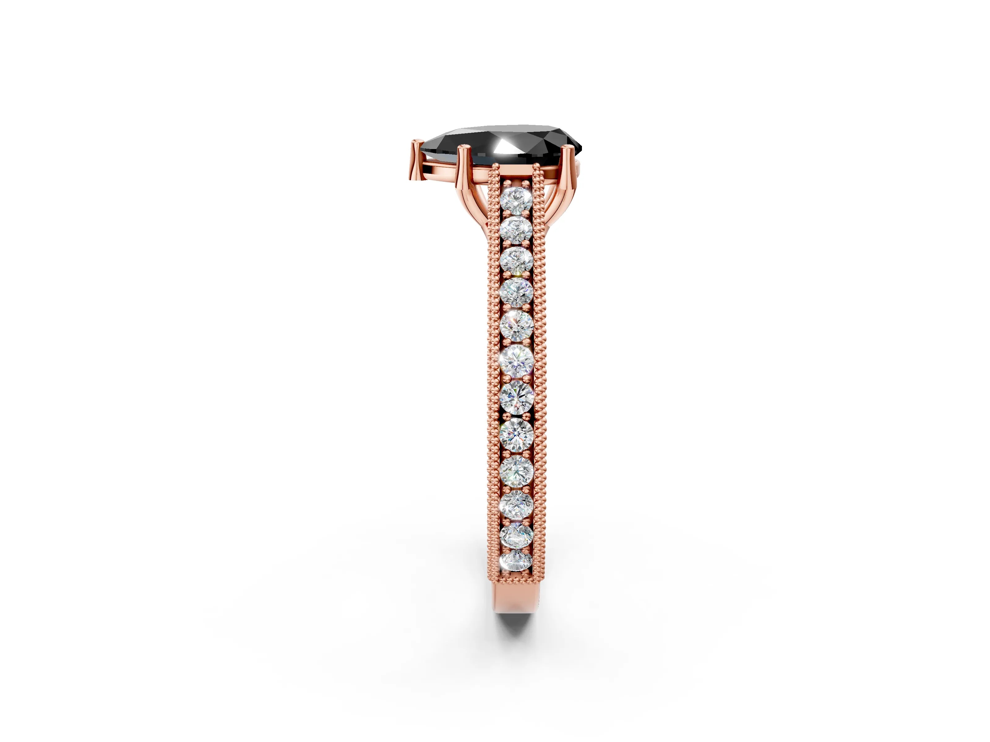 Rose gold Fancy Black Pear Cut Cut Pave Band Milgrain Solitaire Ring_2