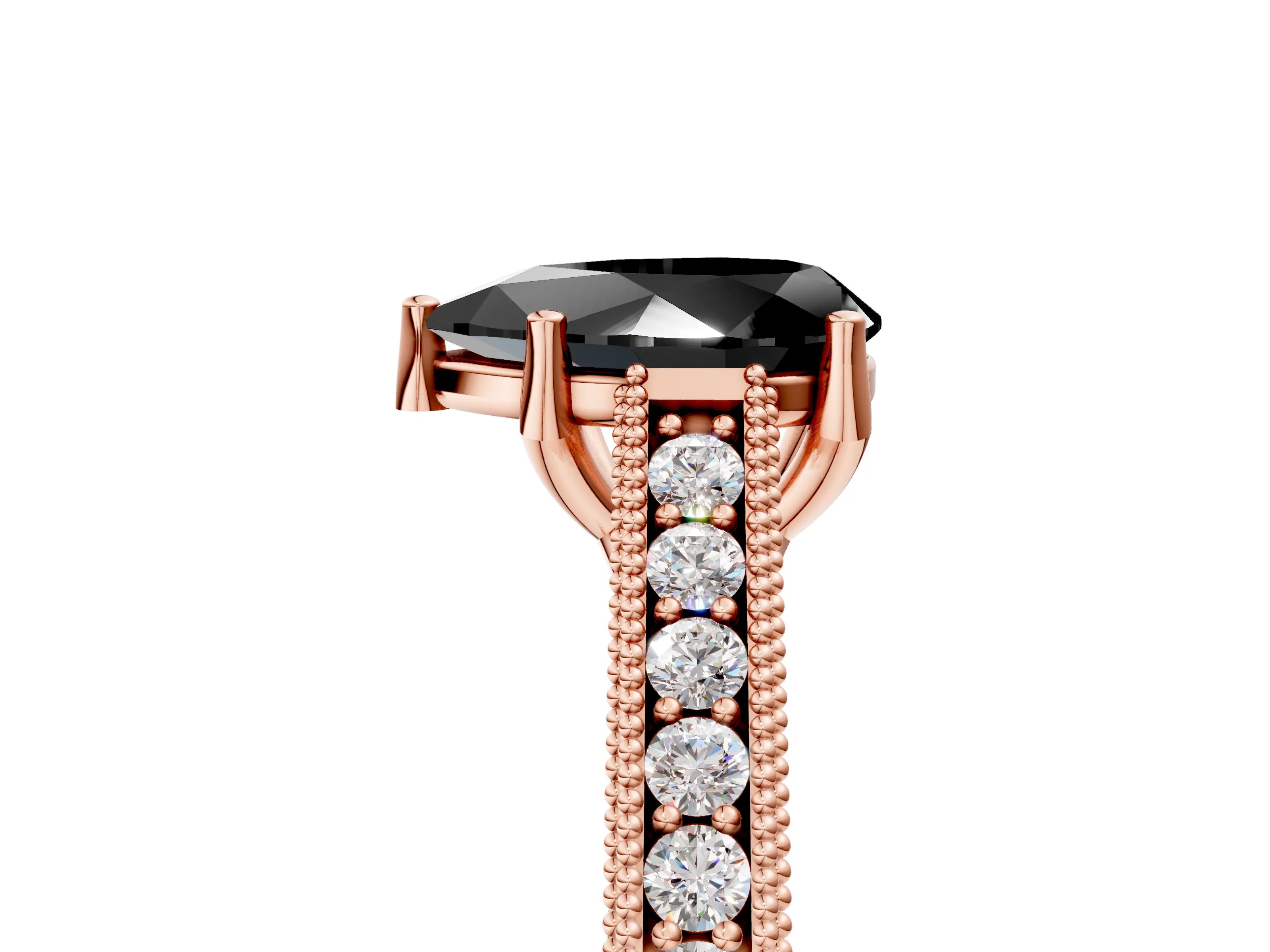 Rose gold Fancy Black Pear Cut Cut Pave Band Milgrain Solitaire Ring_5