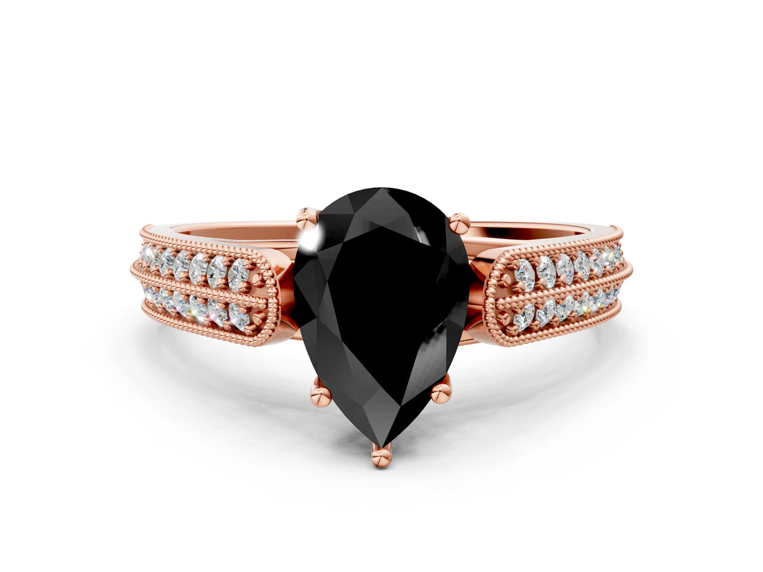 Rose gold Fancy Black Pear Cut Cut Pave Split Shank Engagement Ring with Four-Prong Setting