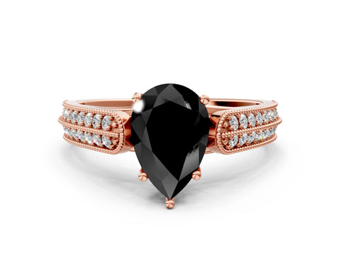 Rose gold Fancy Black Pear Cut Cut Pave Split Shank Engagement Ring with Four-Prong Setting