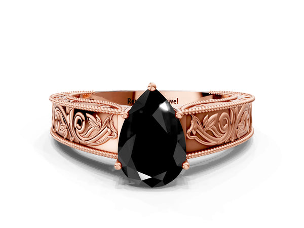 Rose Gold Pear-Shaped Vintage Engraved Solitaire Engagement Ring Setting for Black Center