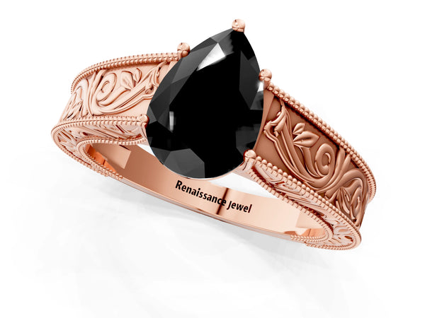 Rose Gold Pear-Shaped Vintage Engraved Solitaire Engagement Ring Setting for Black Center