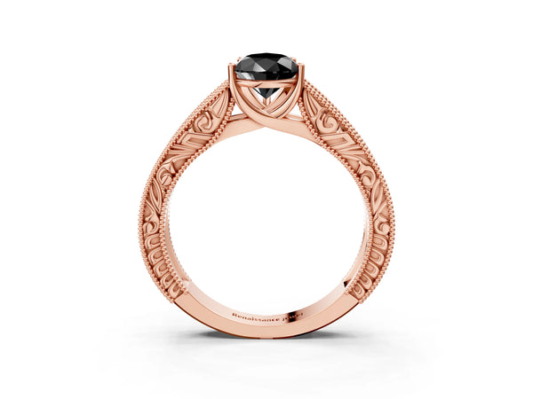Rose Gold Pear-Shaped Vintage Engraved Solitaire Engagement Ring Setting for Black Center
