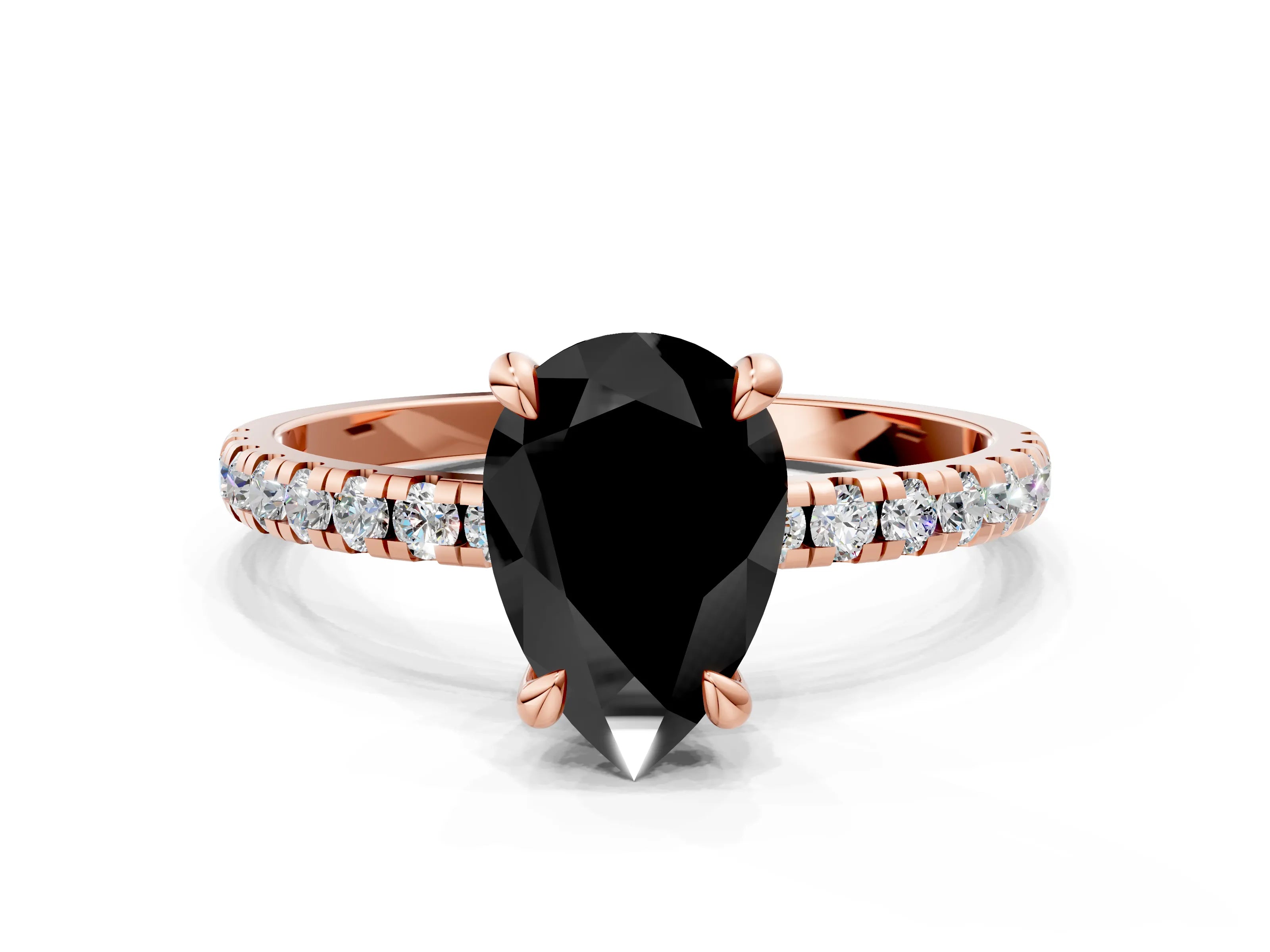 Rose gold Fancy Black Pear Cut Diamond Brilliant Solitaire Ring with Pavé Band and Four-Prong Setting