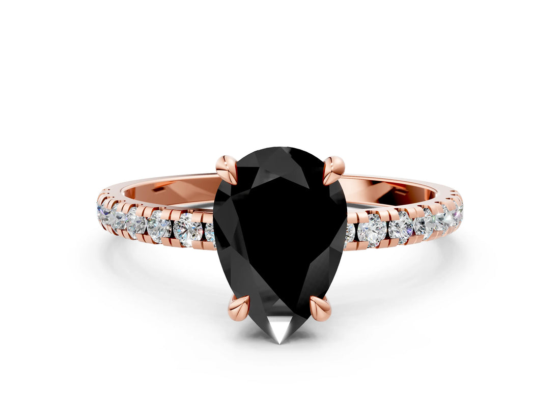 Rose gold Fancy Black Pear Cut Diamond Brilliant Solitaire Ring with Pavé Band and Four-Prong Setting_12