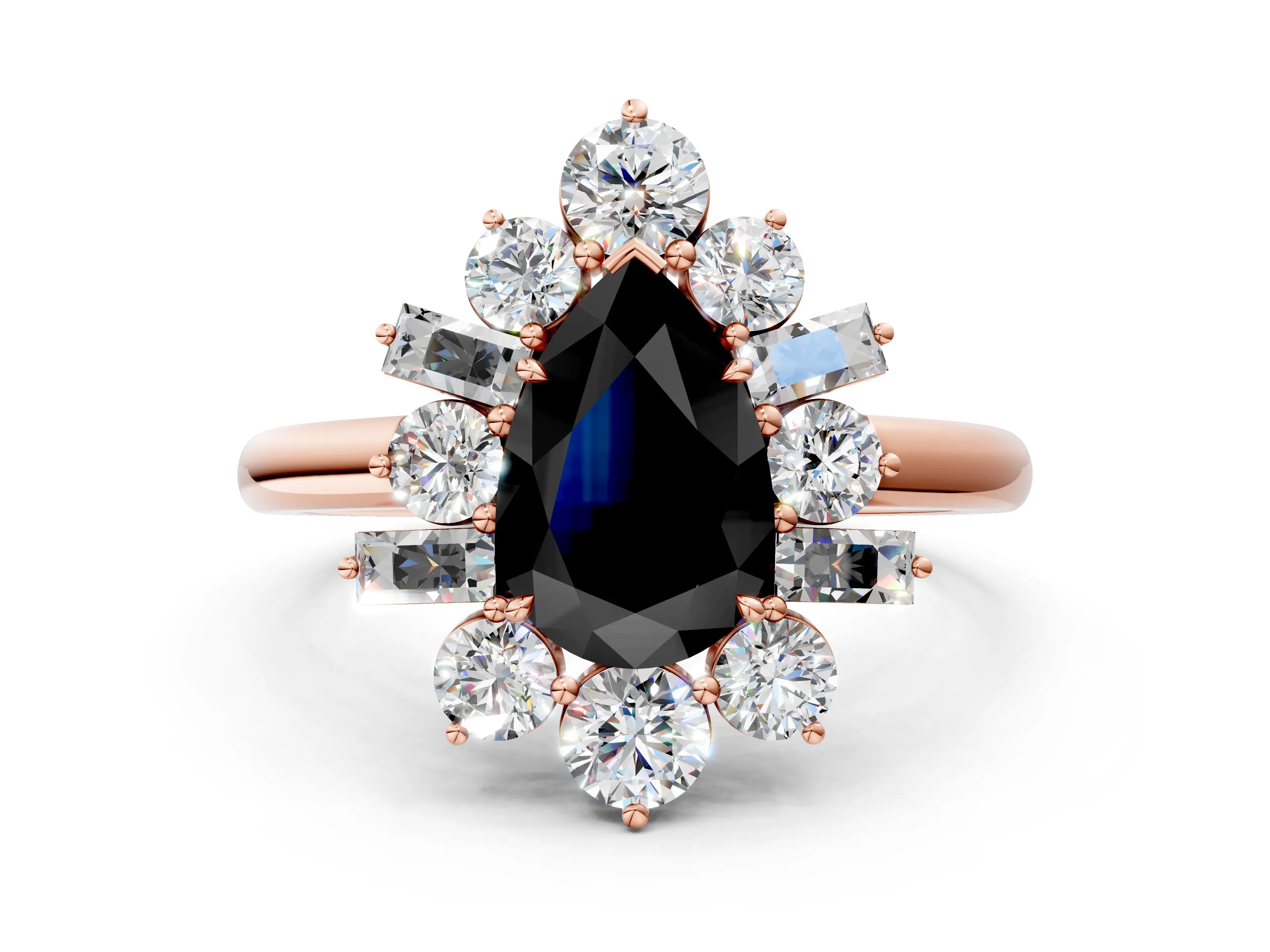 Rose gold Fancy Black Pear Cut Diamond Cluster Ring with Round and Baguette Stones, Split Shank Band, Prong Setting