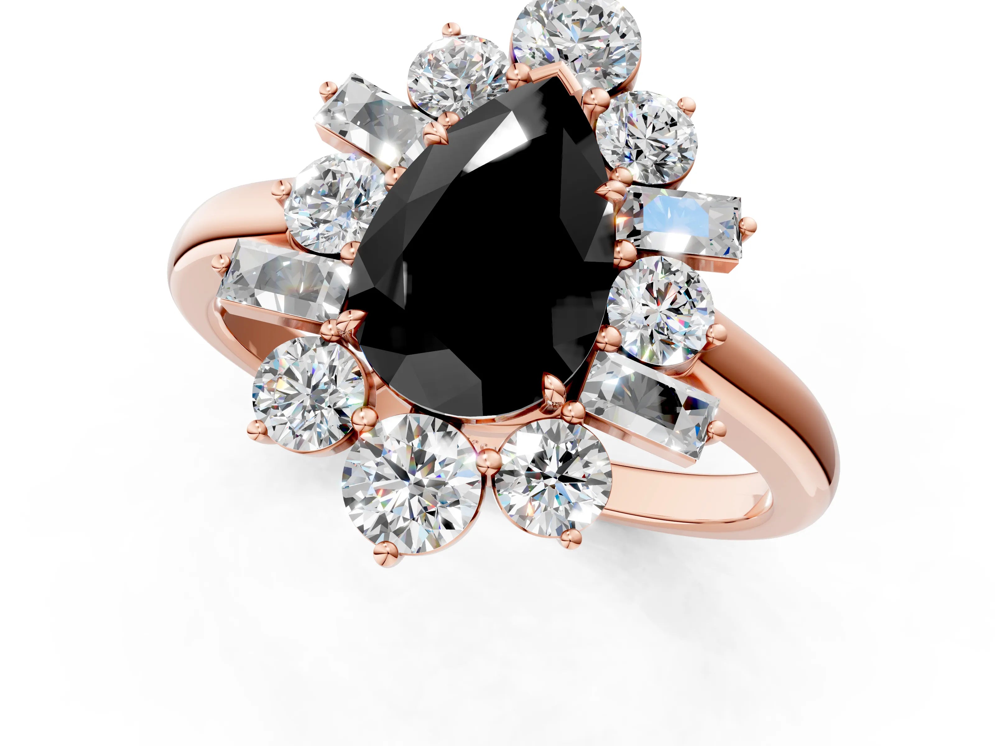 Rose gold Fancy Black Pear Cut Diamond Cluster Ring with Round and Baguette Stones, Split Shank Band, Prong Setting_1