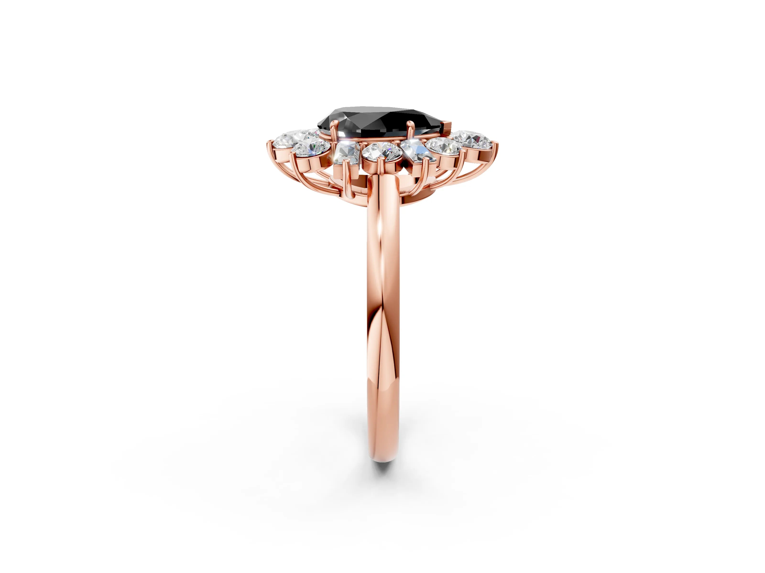 Rose gold Fancy Black Pear Cut Diamond Cluster Ring with Round and Baguette Stones, Split Shank Band, Prong Setting_2