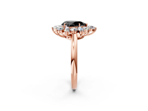 Rose gold Fancy Black Pear Cut Diamond Cluster Ring with Round and Baguette Stones, Split Shank Band, Prong Setting_2