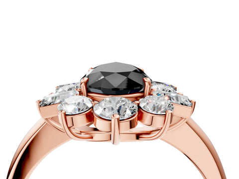 Rose gold Fancy Black Pear Cut Diamond Cluster Ring with Round and Baguette Stones, Split Shank Band, Prong Setting_4