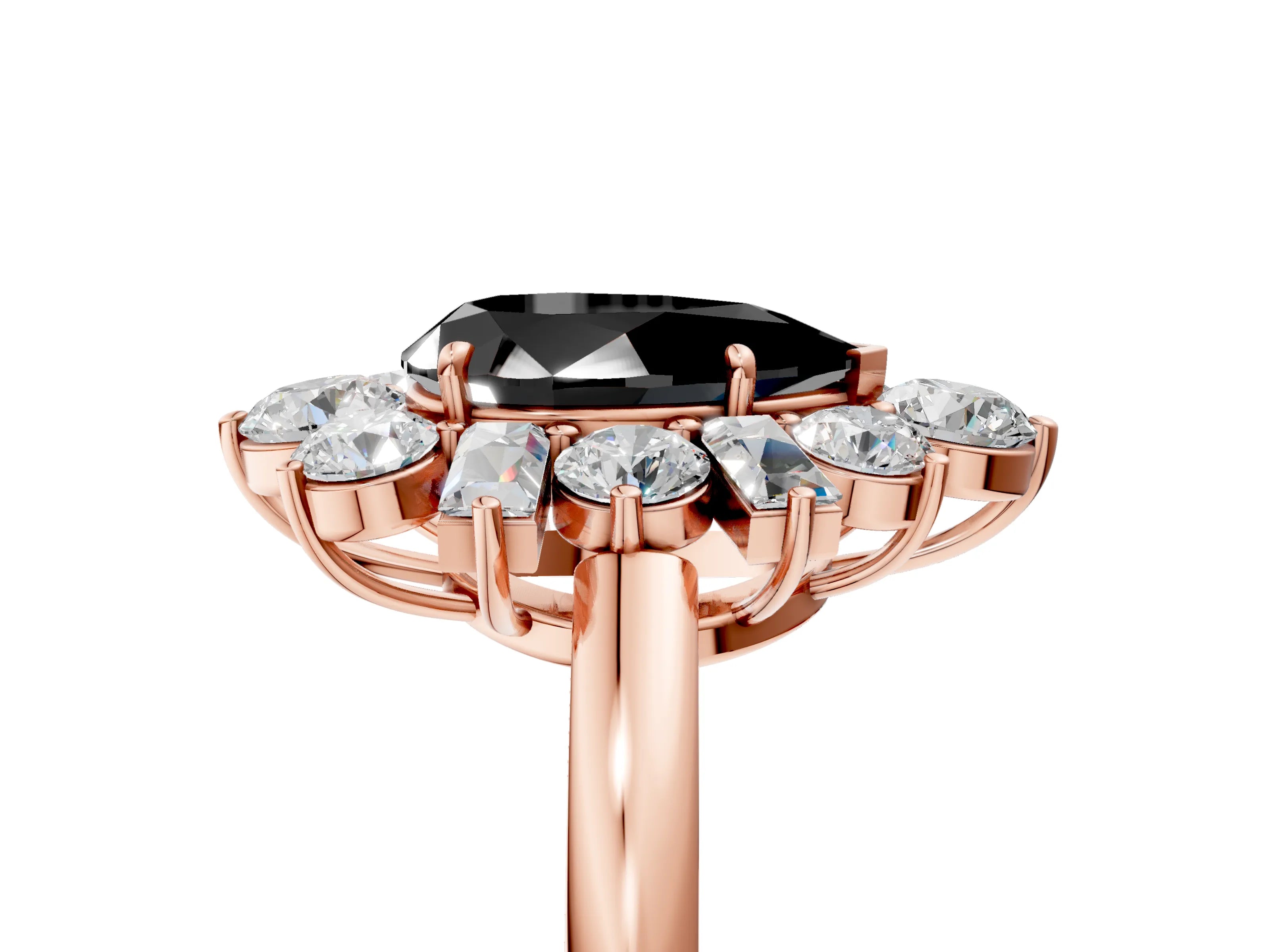 Rose gold Fancy Black Pear Cut Diamond Cluster Ring with Round and Baguette Stones, Split Shank Band, Prong Setting_5