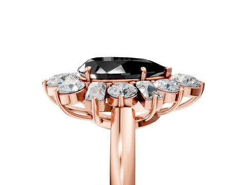 Rose gold Fancy Black Pear Cut Diamond Cluster Ring with Round and Baguette Stones, Split Shank Band, Prong Setting_5