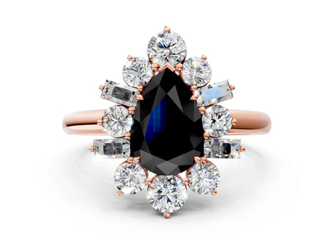 Rose gold Fancy Black Pear Cut Diamond Cluster Ring with Round and Baguette Stones, Split Shank Band, Prong Setting