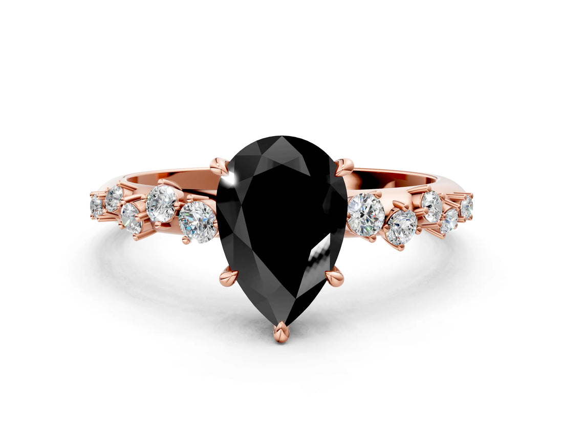 Rose gold Fancy Black Pear Cut Diamond Cluster Side Stone Solitaire Ring with Prong Setting_24