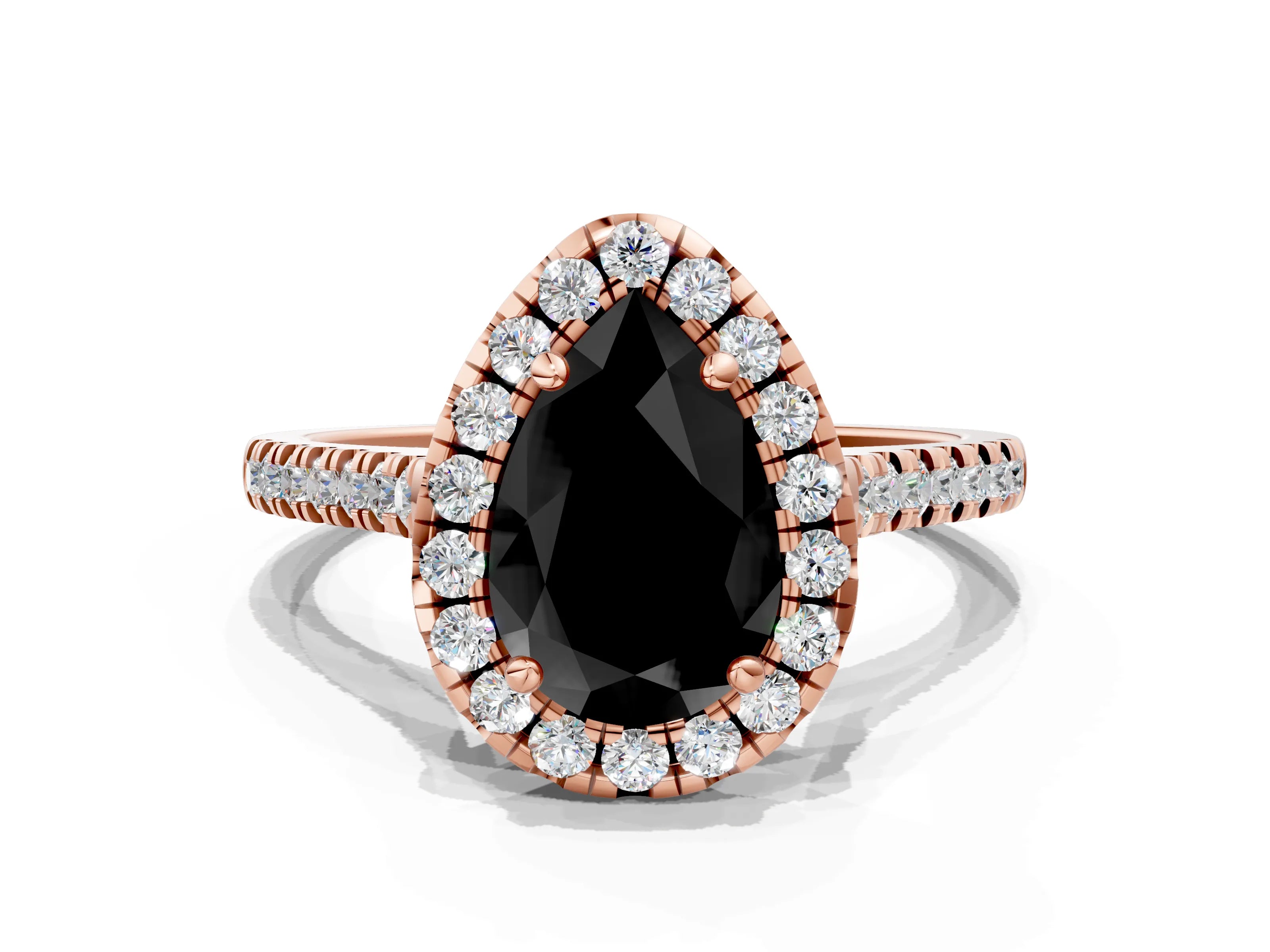 Rose gold Fancy Black Pear Cut Diamond Cushion Halo Ring with Pavé Band