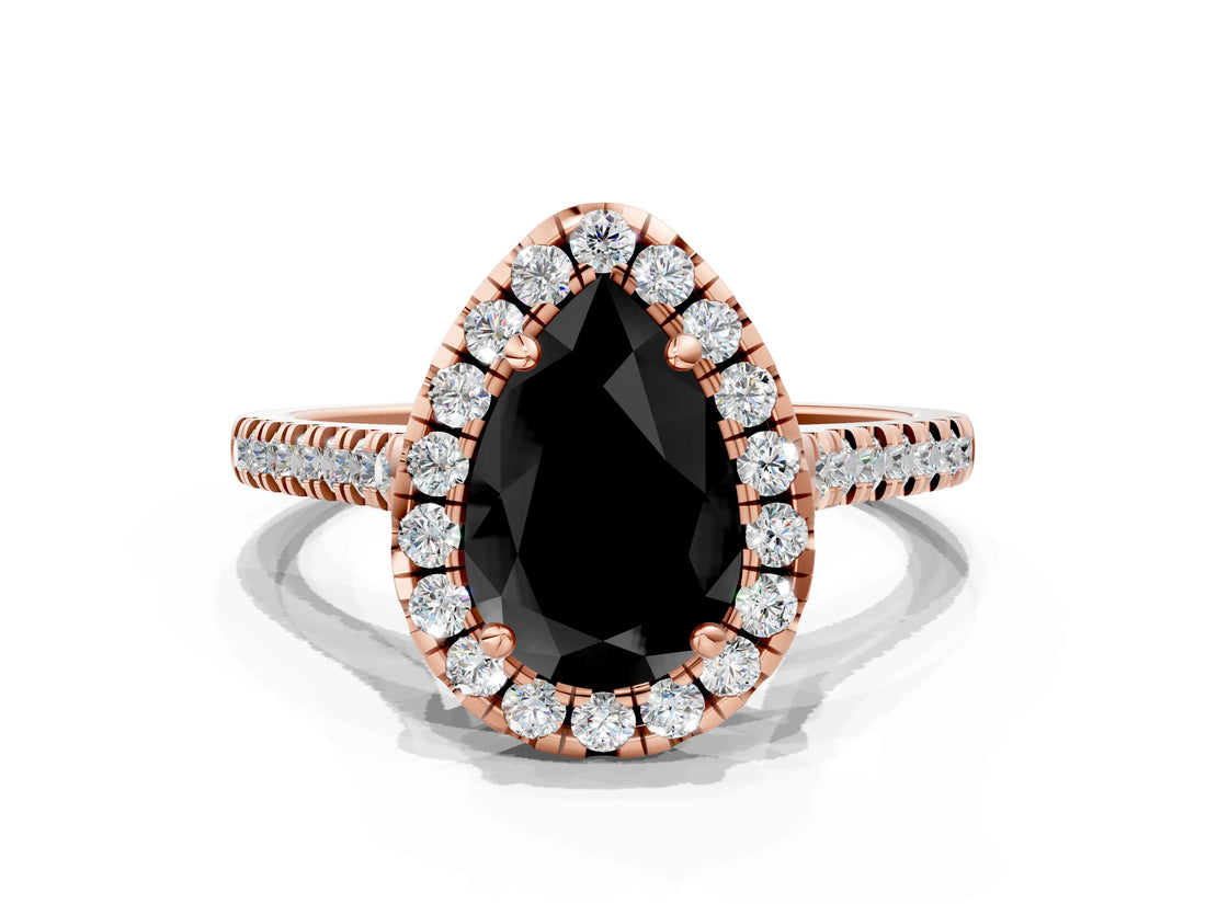 Rose gold Fancy Black Pear Cut Diamond Cushion Halo Ring with Pavé Band