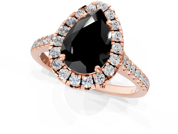 Rose Gold Pear-Shaped Contoured Halo Pave Engagement Ring Setting for Black Center