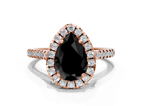 Rose gold Fancy Black Pear Cut Diamond Cushion Halo Ring with Pavé Band