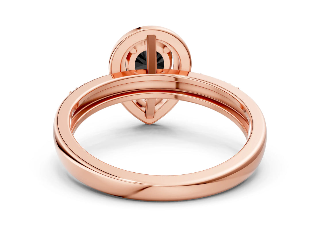 Rose gold Fancy Black Pear Cut Diamond Double Halo Ring with Split Shank and Four-Prong Setting