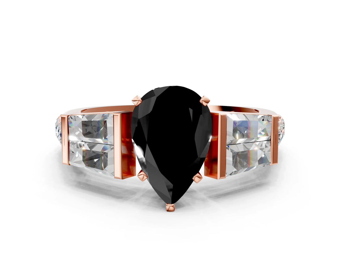 Rose gold Fancy Black Pear Cut Diamond Engagement Ring with Baguette Side Stones and Channel Set Band_12