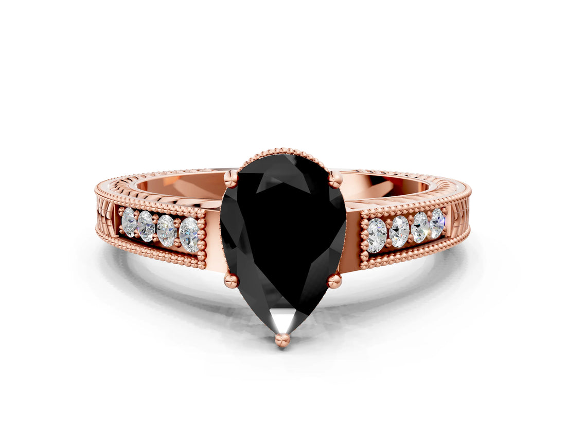 Rose gold Fancy Black Pear Cut Diamond Engagement Ring with Milgrain Channel Set Band and Prong Setting