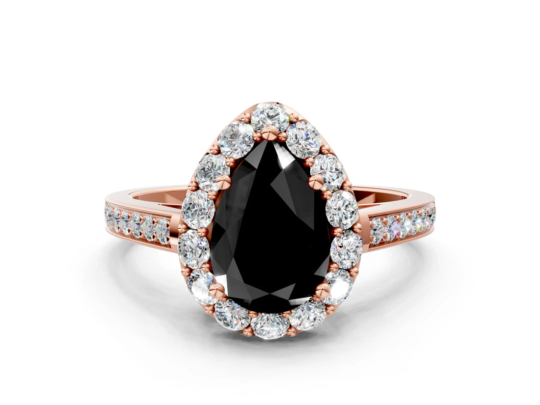 Rose gold Fancy Black Pear Cut Diamond Floral Halo Ring with Pavé Band and Prong Setting_3