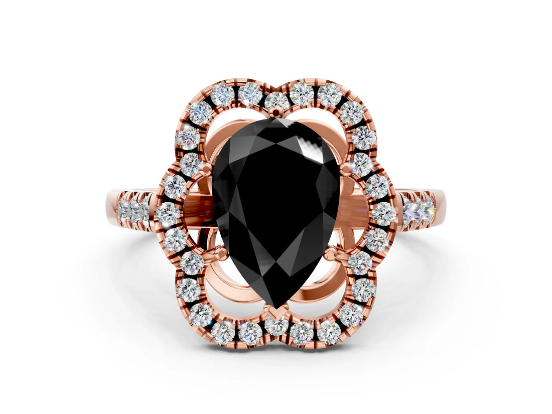 Rose gold Fancy Black Pear Cut Diamond Floral Halo Split Shank Prong Setting Ring