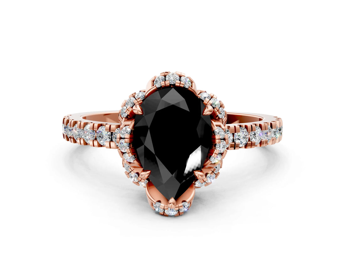 Rose gold Fancy Black Pear Cut Diamond Halo Pave Band with Four-Prong Setting_3