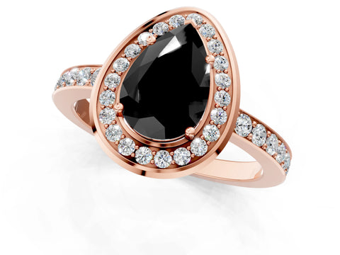 Rose gold Fancy Black Pear Cut Diamond Halo Ring with Bezel Frame and Pavé Band_1